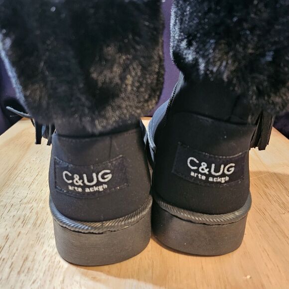 C & UG Black Faux Fur Boots Winter Boots Size 6 New - Picture 6 of 7
